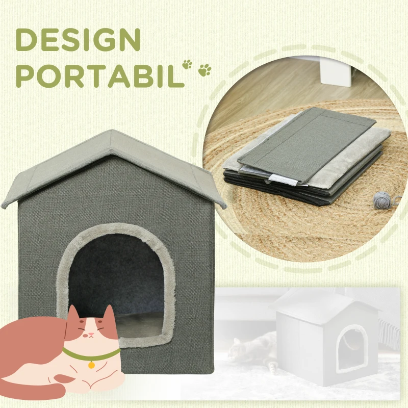 PawHut Pat de pestera pentru pisici , Casa portabila pentru animale de companie cu perna detasabila lavabila, Pat confortabil pentru pisici de interior cu 2 usi, 39 x 43,5 x 40,5 cm