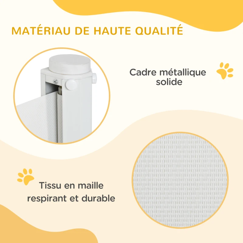 PawHut Barrière de sécurité barrière animaux rétractable automatique 1,15L x 0,83H m teslin métal blanc