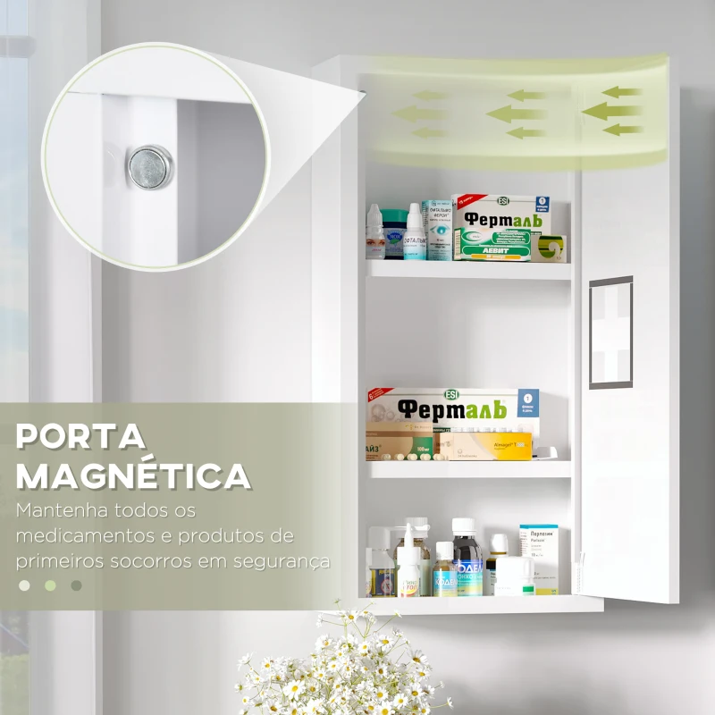 kleankin Armário Farmácia de Parede Armário de Medicamentos de Aço com 3 Níveis Porta Magnética 30x12x60 cm Branco