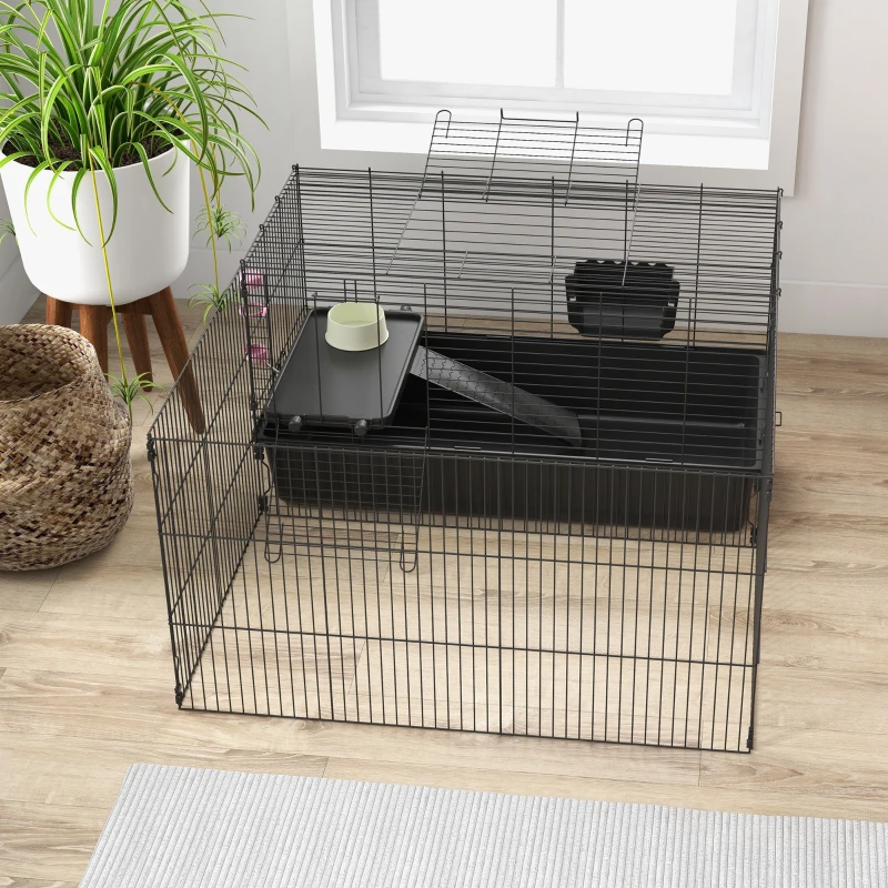 PawHut Small Animal Cage with Removable Play Area, Playpen with Hutch, incl. Accessories, Black
