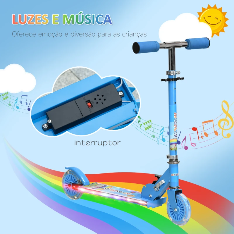 HOMCOM Trotinete para Crianças Dobrável com Luzes e Música 4 Alturas Ajustável Rodas Brilhantes e Pedal LED 67x32x65-78 cm Azul
