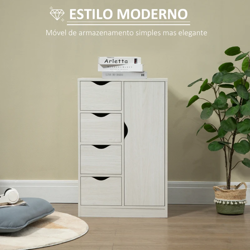 HOMCOM Armário de Sala de Estar Aparador Auxiliar com 4 Gavetas 1 Armário e Prateleira Inferior Móvel de Armazenamento 54x29x83cm Branco