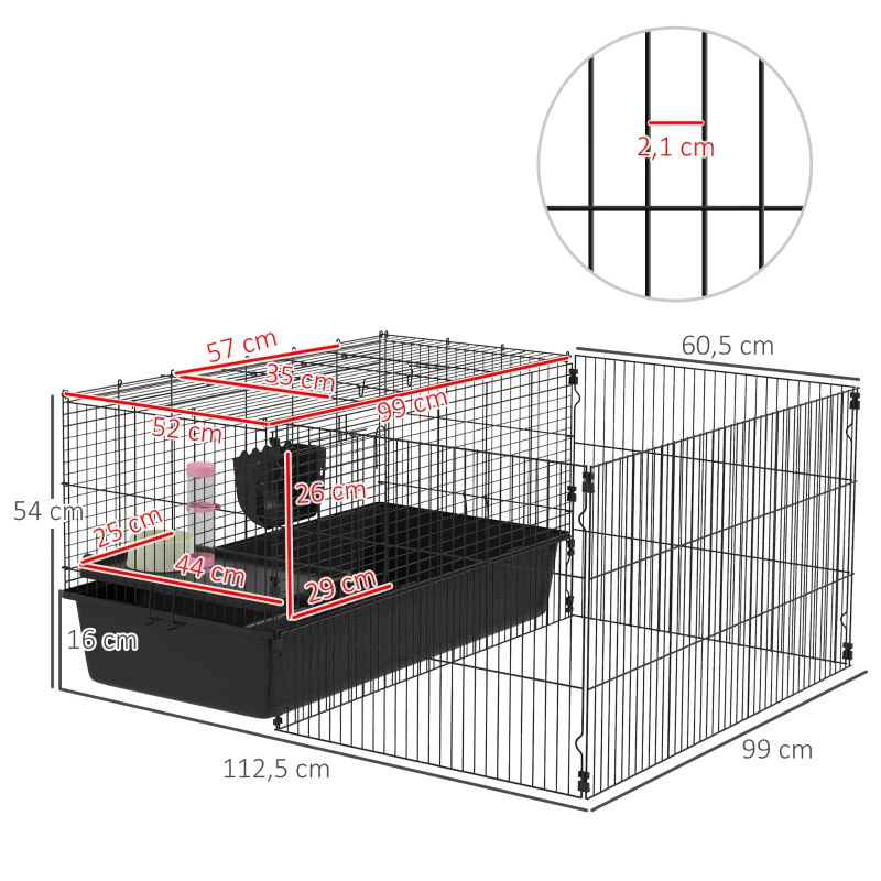 PawHut Small Animal Cage with Removable Play Area, Playpen with Hutch, incl. Accessories, Black