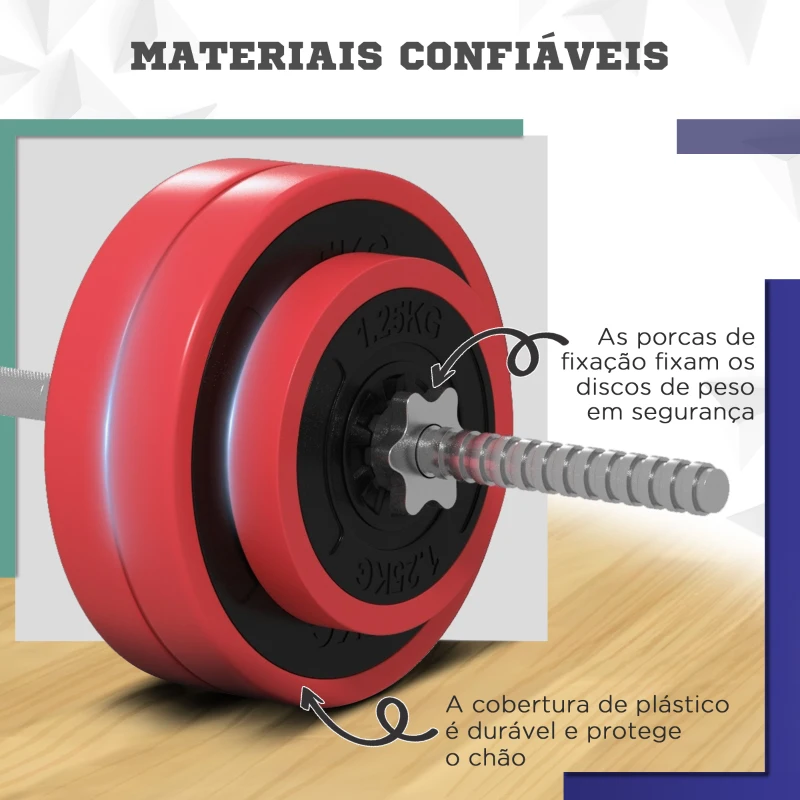 SPORTNOW Conjunto de Barra de Pesos 30 kg com Discos Conjunto de Musculação com 6 Discos e 1 Barra para Treino de Força Levantamento de Pesos 170x26x26 cm Vermelho