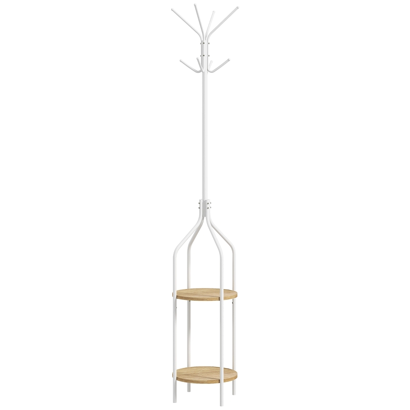 HOMCOM Cabide de Pé com 2 Prateleiras Cabide de Pé para Roupa de Metal com 8 Ganchos Ø34x181 cm Branco