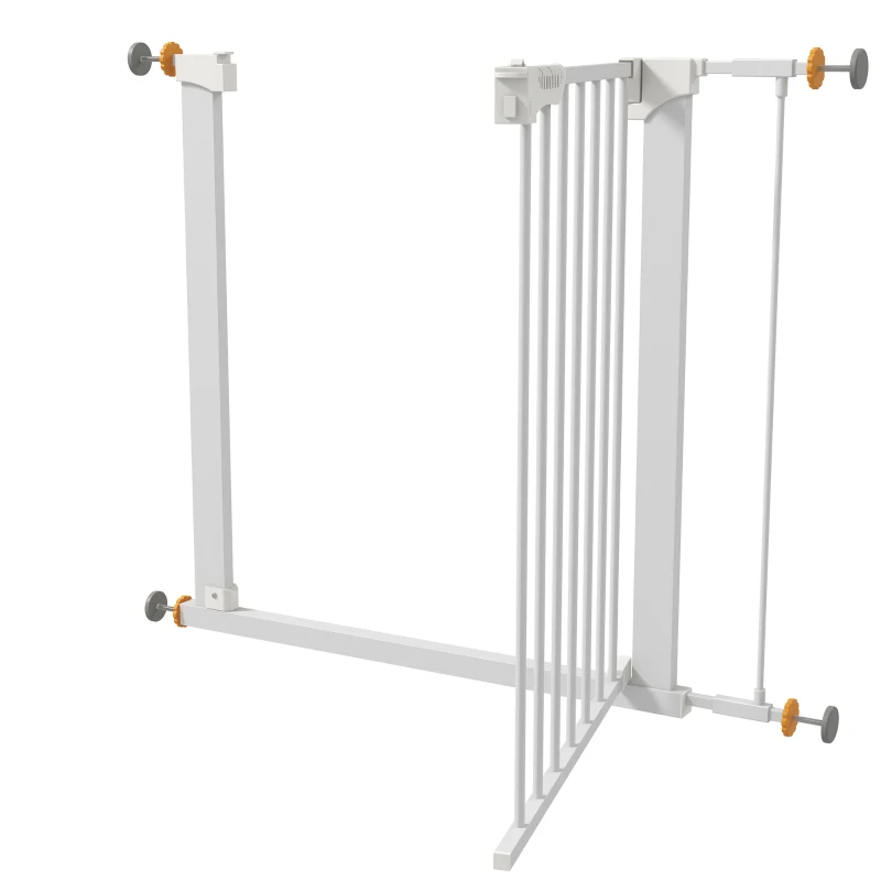 PawHut Barrera de Seguridad de Perros Extensible para Escaleras y Puertas 74-95 cm con 2 Extensiones de 7 cm Cierre Automático y Marco Metálico Altura 75,7 cm Blanco