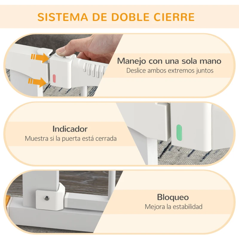 PawHut Barrera de Seguridad de Perros Extensible para Escaleras y Puertas 74-95 cm con 2 Extensiones de 7 cm Cierre Automático y Marco Metálico Altura 75,7 cm Blanco