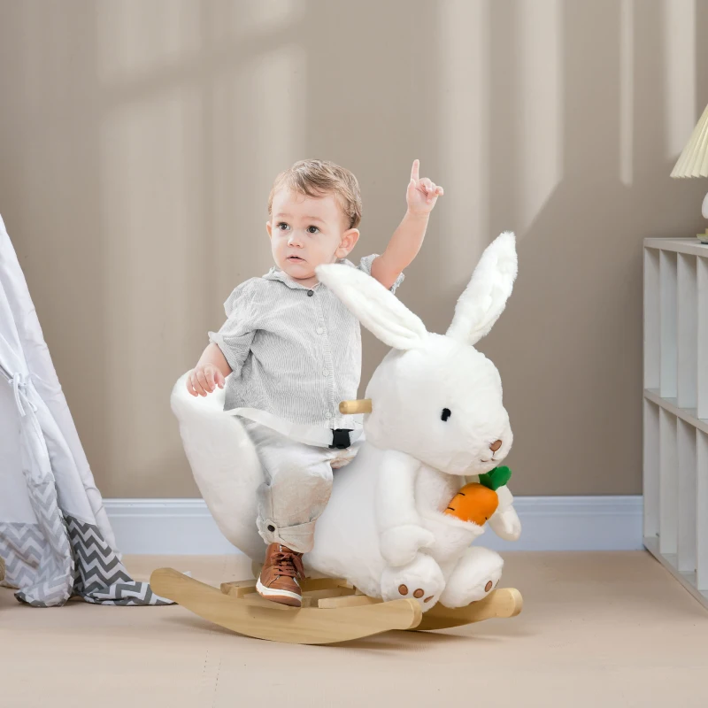 HOMCOM Kids Rabbit-Shaped Rocking Horse, with Safety Belt, Realistic Sounds, for Ages 18-36 Months - White