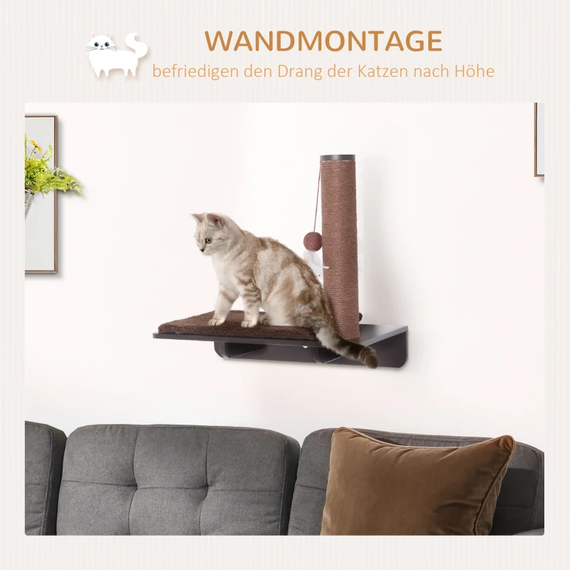 Pawhut® Drapak Drzewko dla Kota Leżanka Półka Montaż Ścienny Pluszowa Nakładka Mdf Brązowy 55 X 30 X 50 cm