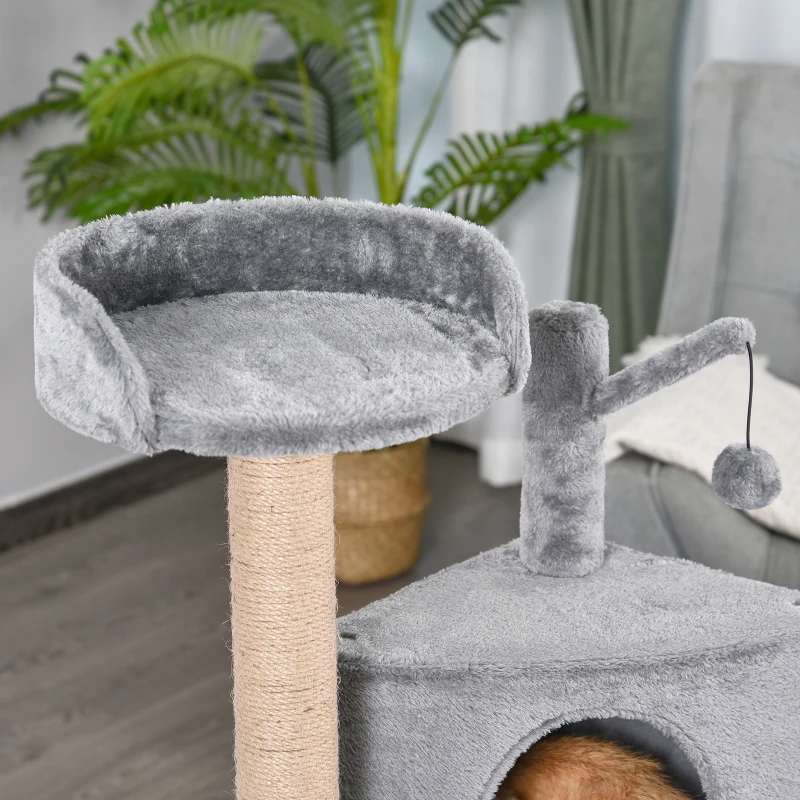 PawHut Arbre à chat griffoir grattoir sisal naturel plateformes niche et jeux de boules suspendues dim. 50L x 40l x 112H cm peluche haute densité 500 g/m² gris
