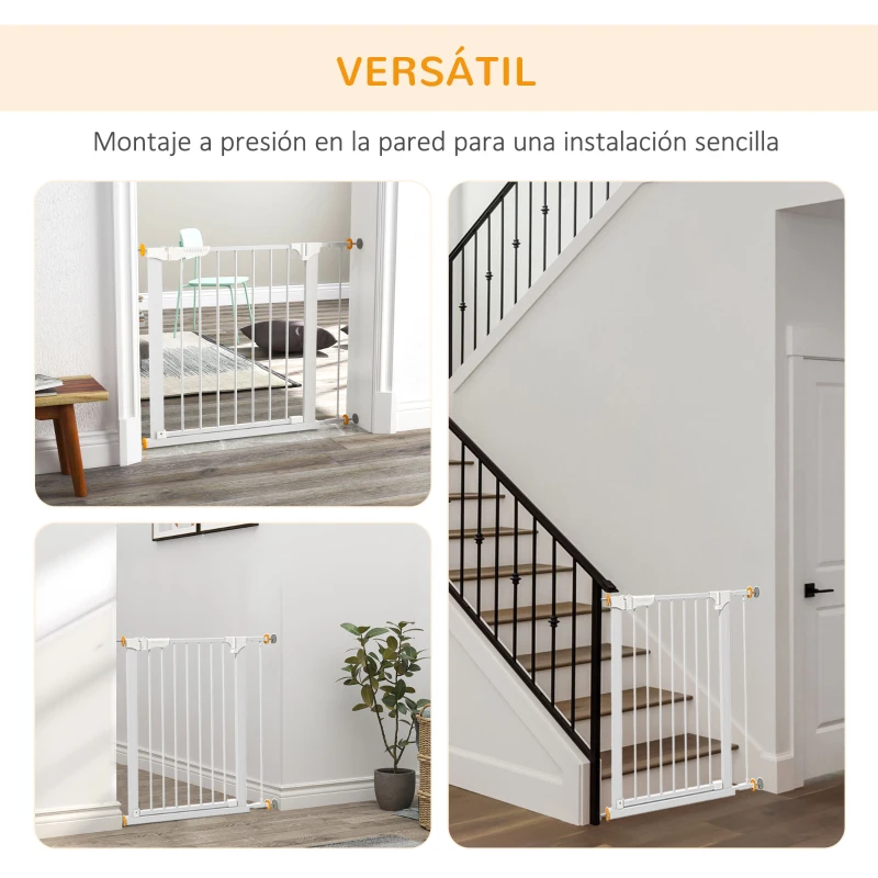 PawHut Barrera de Seguridad de Perros Extensible para Escaleras y Puertas 74-95 cm con 2 Extensiones de 7 cm Cierre Automático y Marco Metálico Altura 75,7 cm Blanco