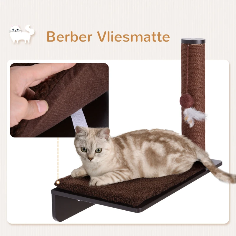 Pawhut® Drapak Drzewko dla Kota Leżanka Półka Montaż Ścienny Pluszowa Nakładka Mdf Brązowy 55 X 30 X 50 cm