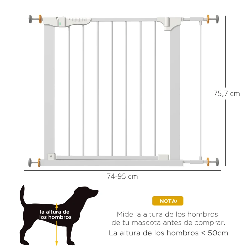 PawHut Barrera de Seguridad de Perros Extensible para Escaleras y Puertas 74-95 cm con 2 Extensiones de 7 cm Cierre Automático y Marco Metálico Altura 75,7 cm Blanco