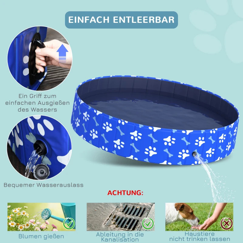 Składany Basen dla Psów PawHut z Praktycznym Korekiem Spustowym, Ø160 x 30H cm, Niebieski