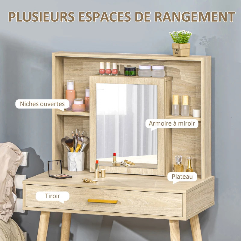 HOMCOM Coiffeuse avec miroir, étagères et tiroir, table de maquillage scandinave, pieds effilés bois d'hévéa, panneaux particules, naturel