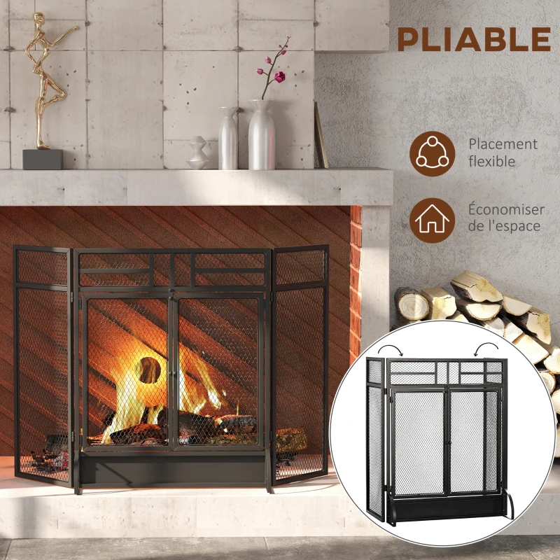 HOMCOM Pare-étincelles grille de protection pour cheminée pare-feu barrière de sécurité 3 volets pliables et porte 120 x 79 cm