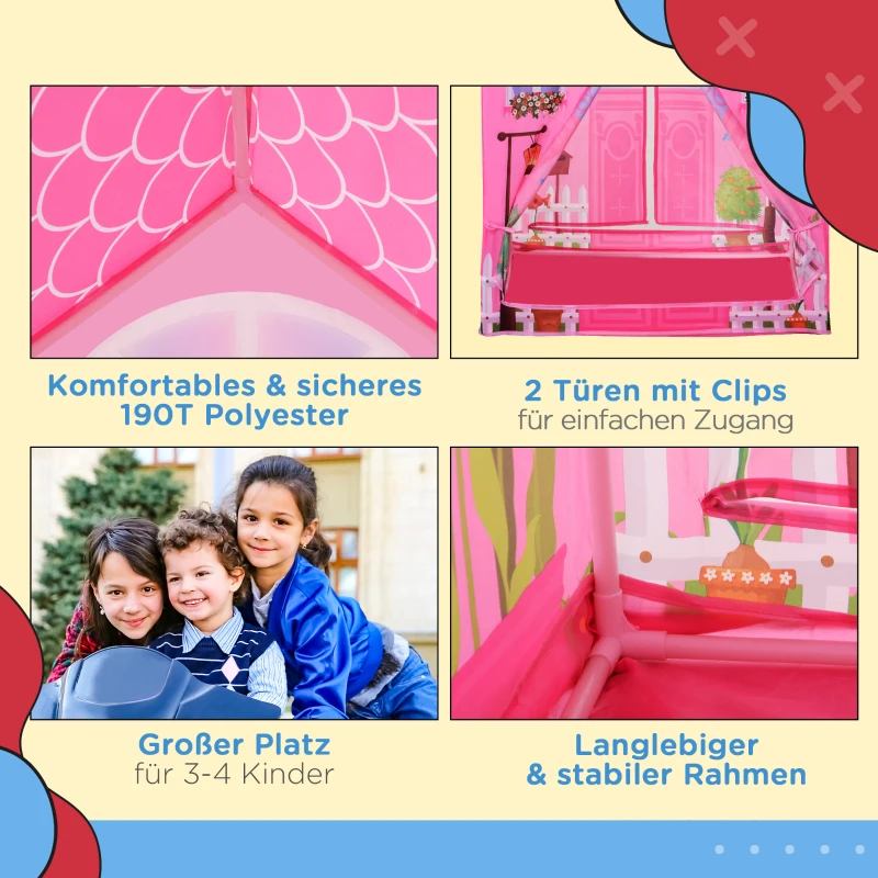 HOMCOM Kinderspielhaus Prinzessin Spielzelt Hausmuster 2 Türen ab 3 Jahren Rollenspiel Polyester Rosa 93 x 69 x 103 cm
