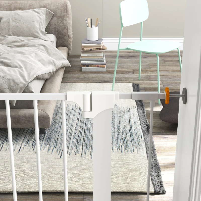 PawHut Barrera de Seguridad de Perros Extensible para Escaleras y Puertas 74-95 cm con 2 Extensiones de 7 cm Cierre Automático y Marco Metálico Altura 75,7 cm Blanco