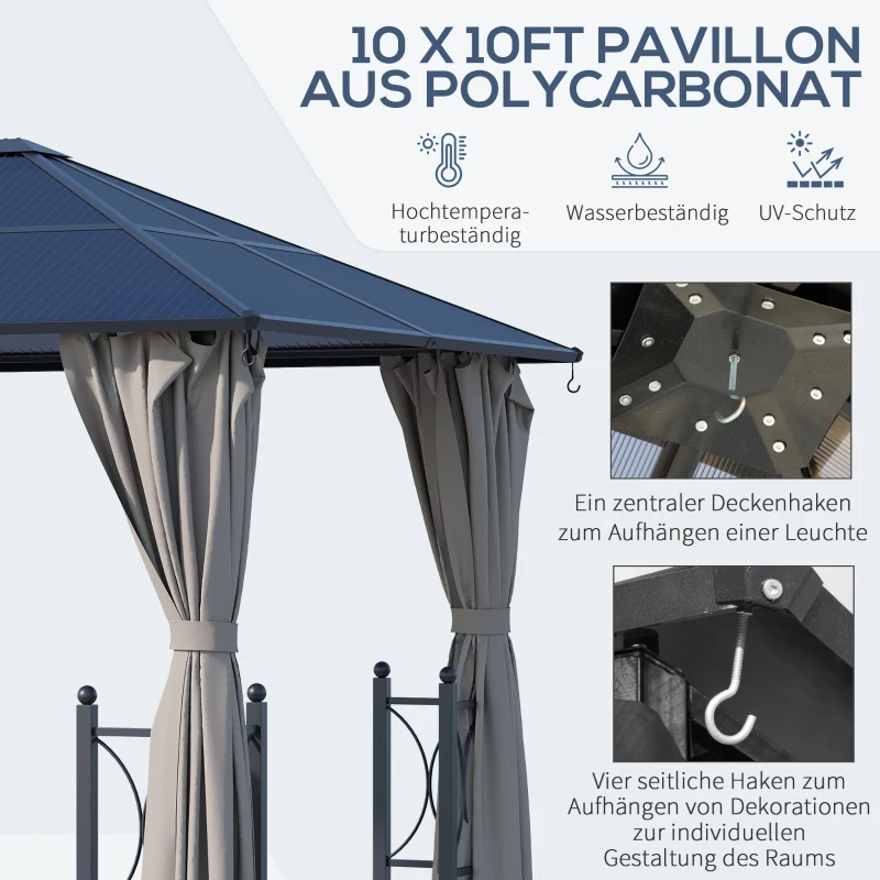Outsunny Hardtop-Pavillon 3 x 3 m, doppellagige Vorhänge, festes Dach, stabiles Alugestell, dunkelblau+hellgrau