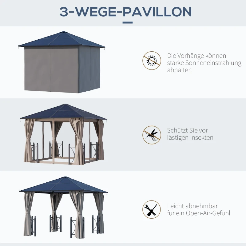 Outsunny Hardtop-Pavillon 3 x 3 m, doppellagige Vorhänge, festes Dach, stabiles Alugestell, dunkelblau+hellgrau