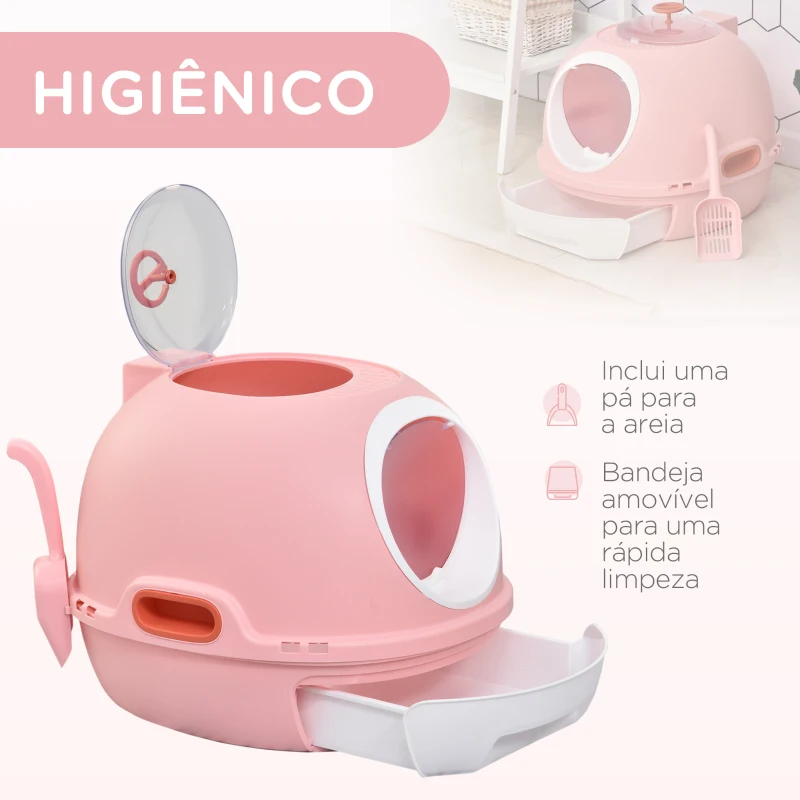 PawHut Caixa de Areia Fechada para Gatos com Clarabóia Bandeja Amovível e Pá 47x55x44cm Rosa