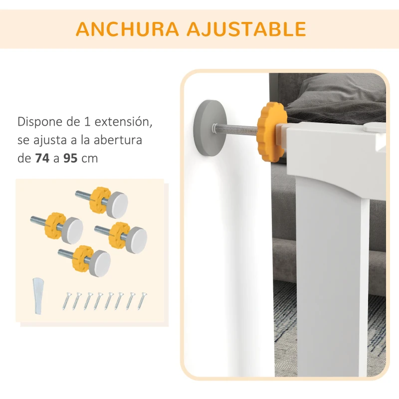 PawHut Barrera de Seguridad de Perros Extensible para Escaleras y Puertas 74-95 cm con 2 Extensiones de 7 cm Cierre Automático y Marco Metálico Altura 75,7 cm Blanco