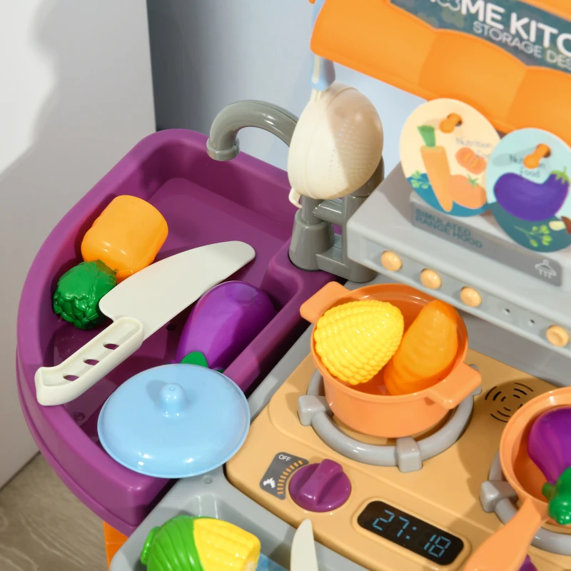 AIYAPLAY Toy Kitchen, 49-Piece Kids Play Kitchen, Children Trolley, with Sound and Light, Spray Effect, Running Water