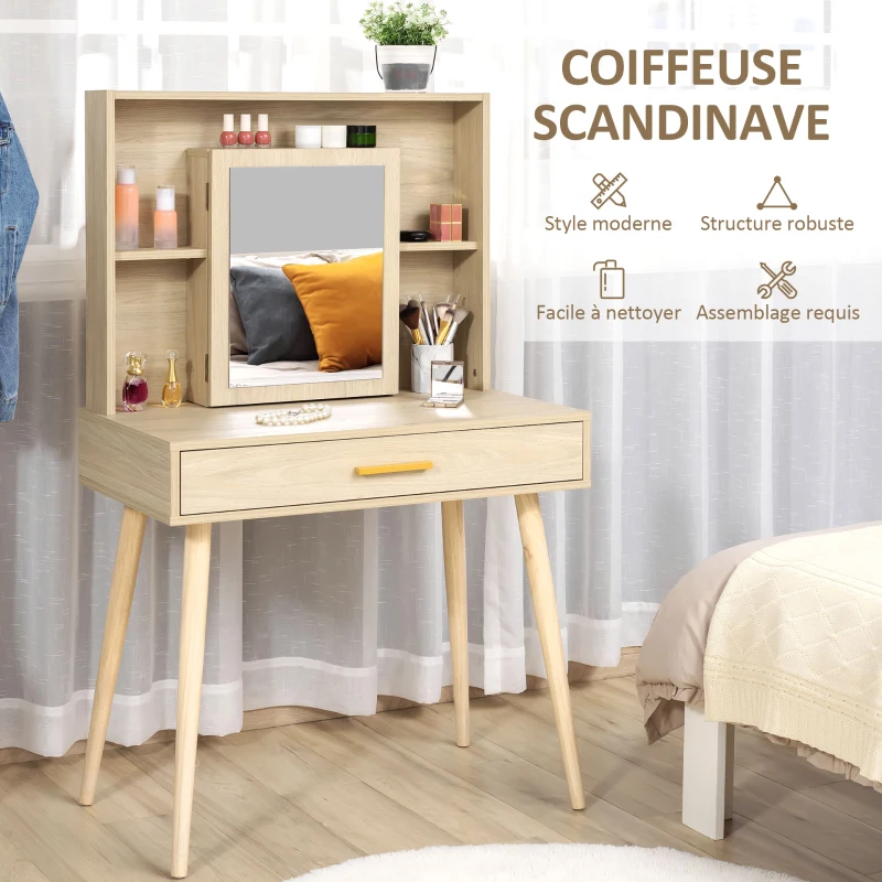 HOMCOM Coiffeuse avec miroir, étagères et tiroir, table de maquillage scandinave, pieds effilés bois d'hévéa, panneaux particules, naturel