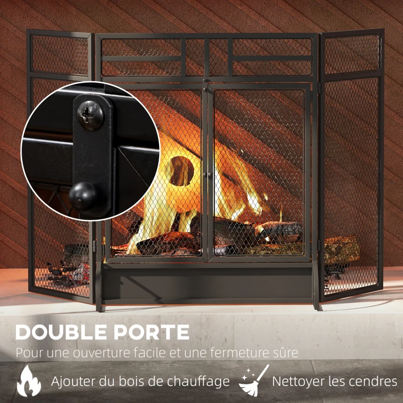 HOMCOM Pare-étincelles grille de protection pour cheminée pare-feu barrière de sécurité 3 volets pliables et porte 120 x 79 cm