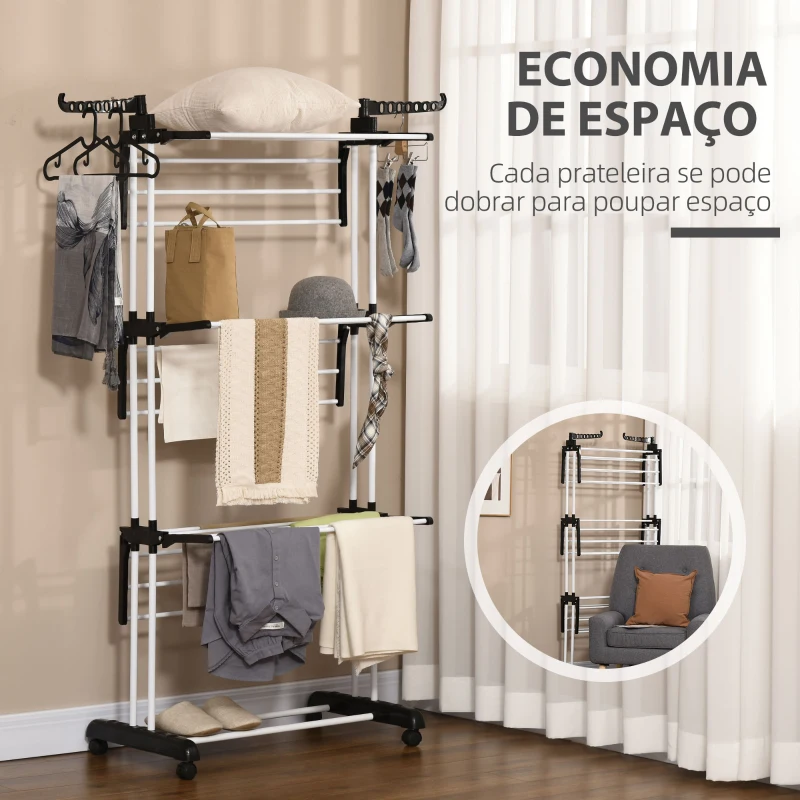 HOMCOM Estendal Dobrável para Roupa com Rodas Estendal Vertical de Aço com 3 Níveis Laterais Dobráveis 73x64x177cm Preto e Branco