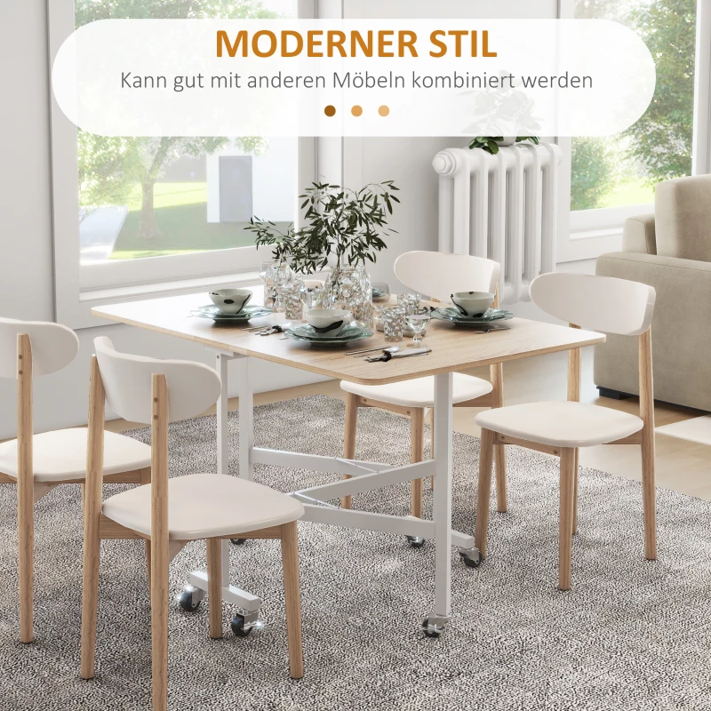 HOMCOM Inklapbare Tafel op Wielen, Laptop-Tafel, Eettafel, incl. Parkeerrem, Natuur + Wit(m-4)