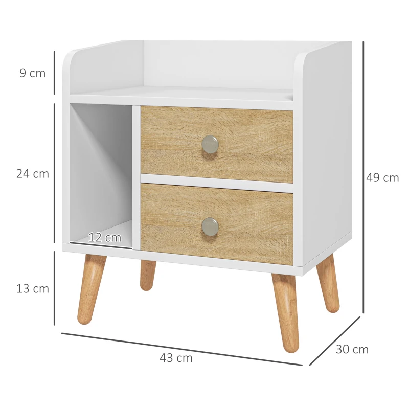 HOMCOM Chevet table de nuit design scandinave 2 tiroirs niche plateau pieds effilés inclinés bois massif chêne clair blanc