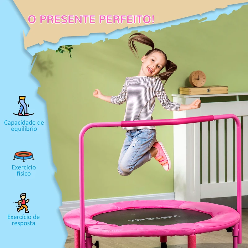 ZONEKIZ Trampolim Infantil 3 em 1 para Crianças de 1-6 Anos com Corrimão Amovível Mini Trampolim para Interior Ø96x74cm Rosa