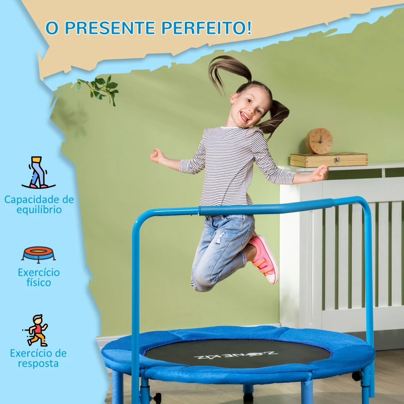 ZONEKIZ Trampolim Infantil 3 em 1 para Crianças de 1-6 Anos com Corrimão Amovível Mini Trampolim para Interior Ø96x74cm Azul