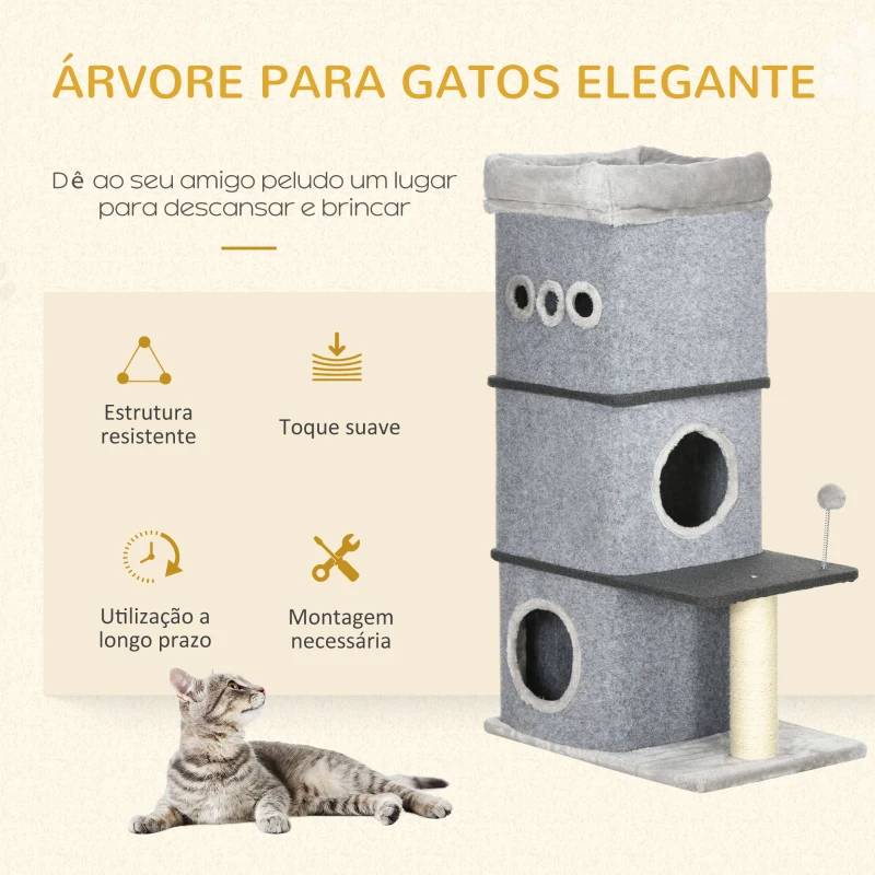 PawHut Arranhador em Forma de Cilindro  para Gatos com 3 Níveis com Poste de Sisal Cama e Bola de Brincar 60x40x120cm Cinza