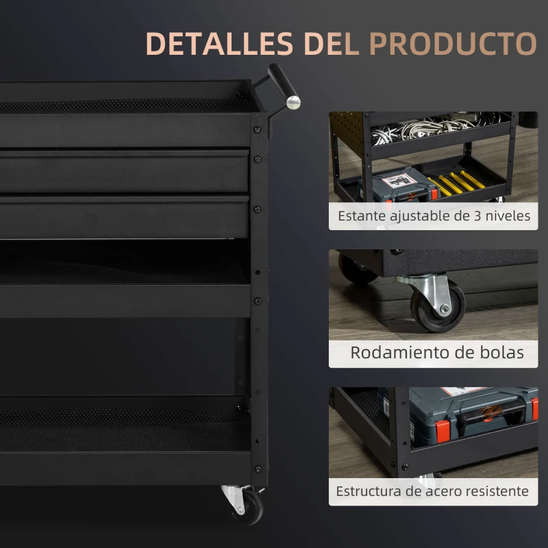 DURHAND Carro de Herramientas para Taller con Ruedas 2 Cajones y 3 Estantes para Garaje Mecánico Casa 76,5x39x79 cm Negro