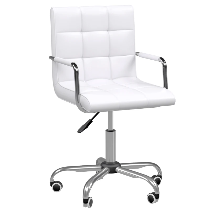 Vinsetto Office Chair, Makeup Vanity Chair, Mid Back Computer Chair, PU Leather Swivel Study Chair with Adjustable Height, Armrest and Rolling Wheels, White