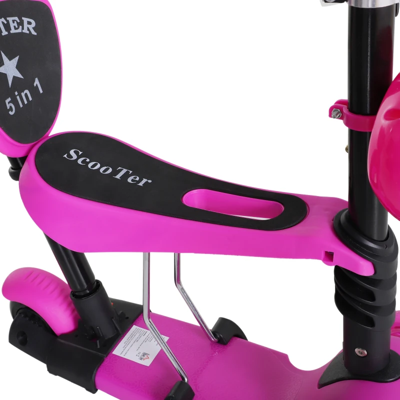 HOMCOM 5-in-1 Kids Toddler 3 Wheels Mini Kick Scooter Push Walker with Removable Seat & Back Rest for Girls and Boys Pink