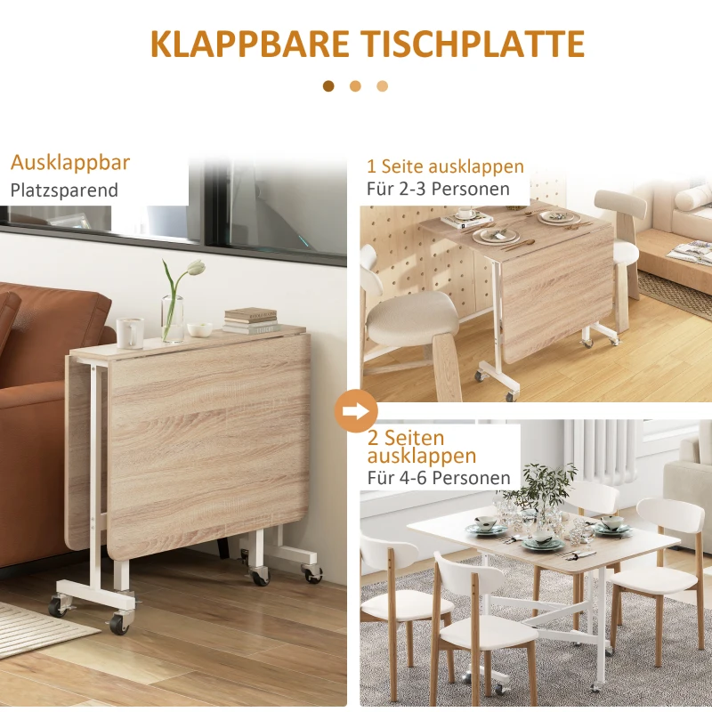 HOMCOM Inklapbare Tafel op Wielen, Laptop-Tafel, Eettafel, incl. Parkeerrem, Natuur + Wit(m-5)