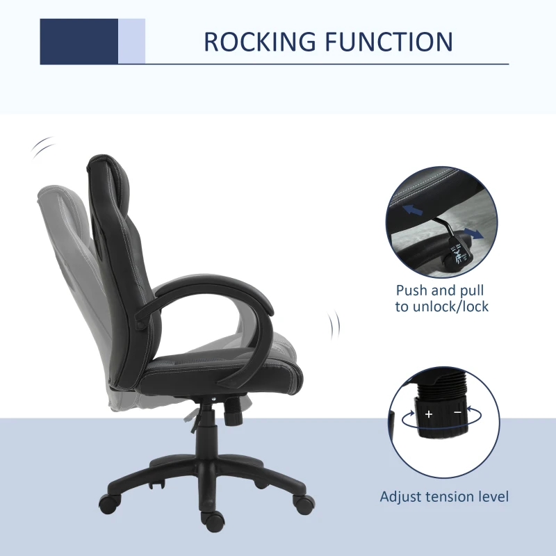 HOMCOM High-Back Office Chair Faux Leather Swivel Computer Desk Chair for Home Office with Wheels Armrests Gray