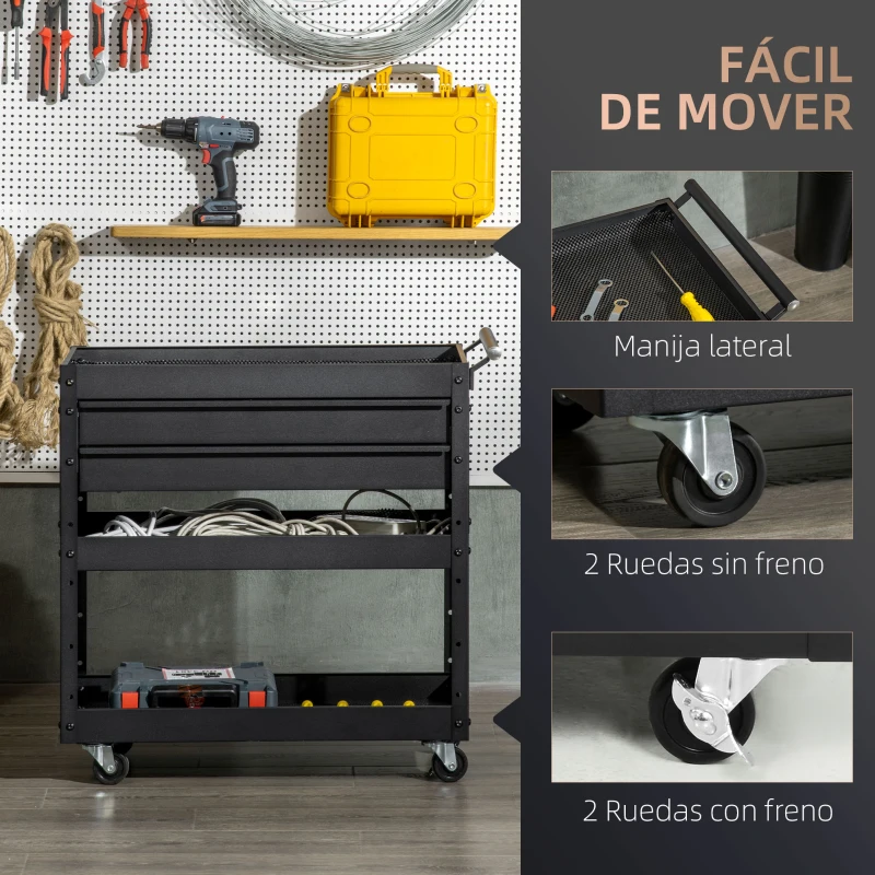 DURHAND Carro de Herramientas para Taller con Ruedas 2 Cajones y 3 Estantes para Garaje Mecánico Casa 76,5x39x79 cm Negro