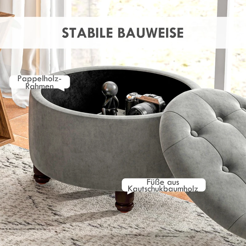 HOMCOM Luxus Hocker Sitzhocker mit Stauraum flanellenes Polsterhocker Holzbeinen Dunkelgrau 61 x 61 x 41,5 cm
