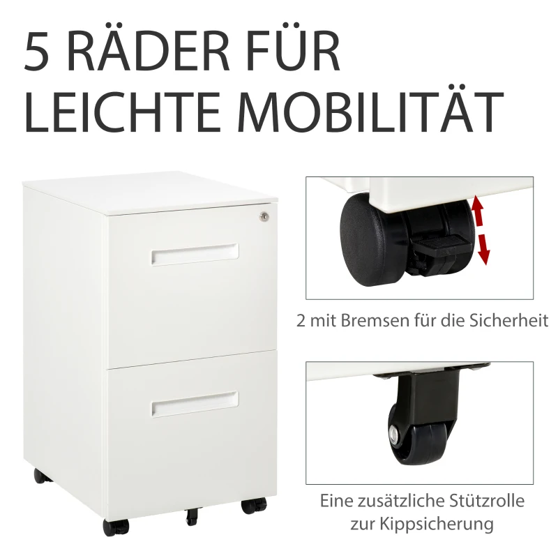 Vinsetto Rolcontainer, archiefkast, scheidingswand, centraal afsluitbaar, stalen behuizing, 5 wielen, wit, 39 x 48 x 67 cm