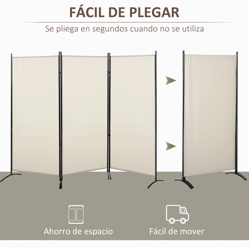 HOMCOM Biombo de 3 Paneles Separador de Ambientes Plegable 253x50x182 cm Divisor de Habitación con 6 Pies de Metal Beige