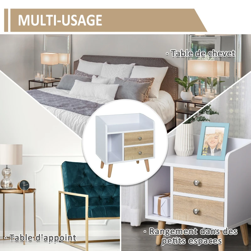 HOMCOM Chevet table de nuit design scandinave 2 tiroirs niche plateau pieds effilés inclinés bois massif chêne clair blanc