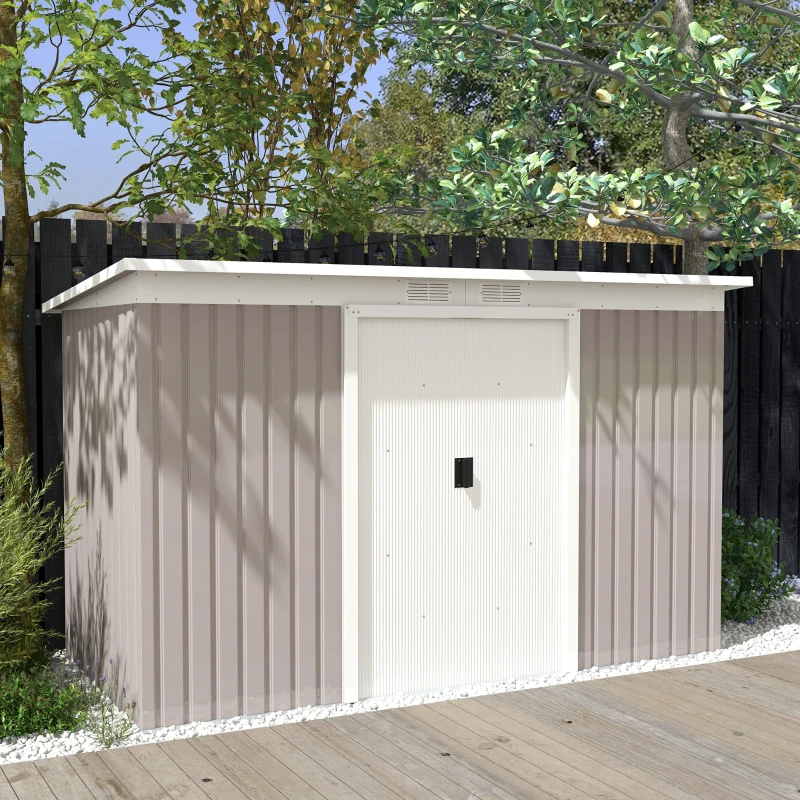 Outsunny Corrugated Garden Metal Storage Shed Outdoor Equipment Tool Box with Kit Ventilation Doors 9x 4FT Light Grey