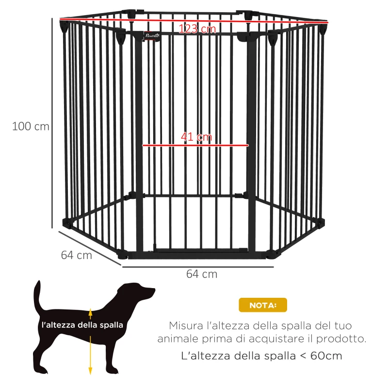 PawHut Cancellino per Cani di Taglia Media Pieghevole a 6 Pannelli, in Acciaio e Plastica, 123x102x100 cm, Nero