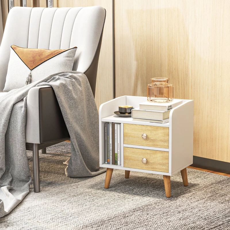 HOMCOM Chevet table de nuit design scandinave 2 tiroirs niche plateau pieds effilés inclinés bois massif chêne clair blanc