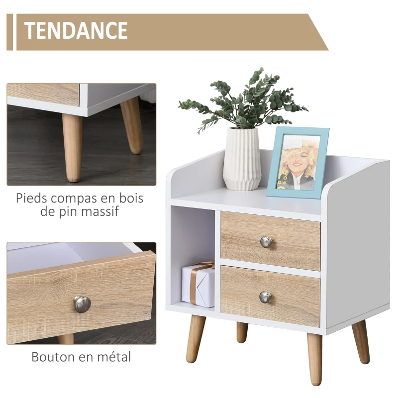 HOMCOM Chevet table de nuit design scandinave 2 tiroirs niche plateau pieds effilés inclinés bois massif chêne clair blanc