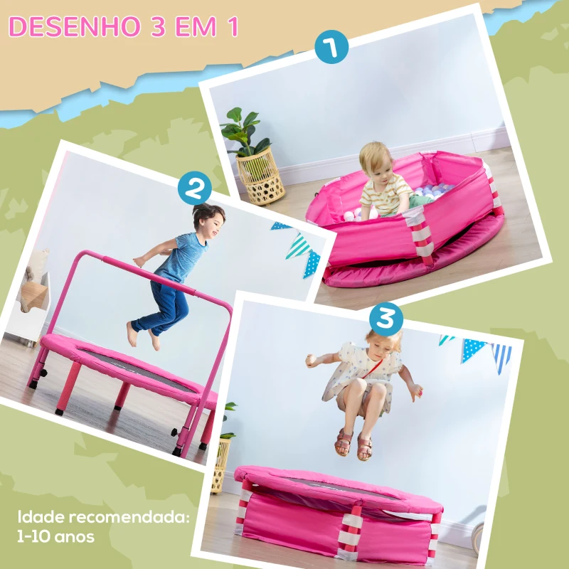 ZONEKIZ Trampolim Infantil 3 em 1 para Crianças de 1-6 Anos com Corrimão Amovível Mini Trampolim para Interior Ø96x74cm Rosa